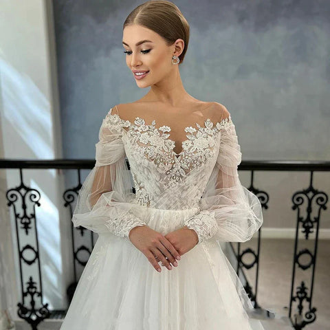 Luxurious White Bridal Gown Tulle with Applique Lace O-Neck A-Line Floor-Length Wedding Dress for Women vestidos de novia