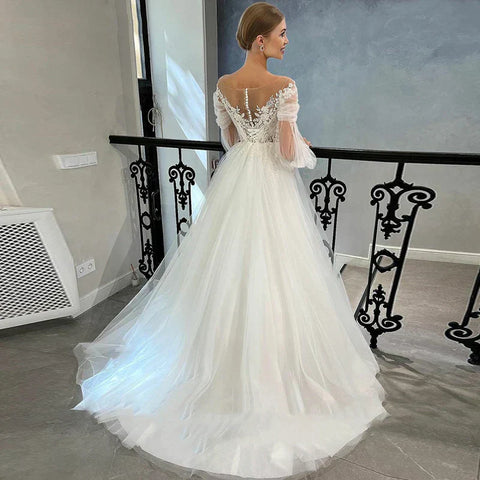 Luxurious White Bridal Gown Tulle with Applique Lace O-Neck A-Line Floor-Length Wedding Dress for Women vestidos de novia