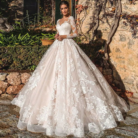 Luxury Ball Gown Vestidos De Novia Appliques Vestido De Noiva Long Sleeve Wedding Dresses Lace Robe De Mariée