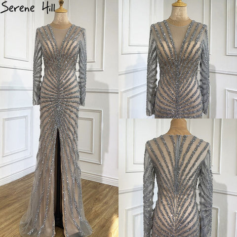 Vestidos de noche largos de sirena con escote en V y abertura, con lujosos detalles de cuentas negras, ideales para fiestas y ocasiones especiales. Foto real LA70183 