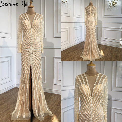 Vestidos de noche largos de sirena con escote en V y abertura, con lujosos detalles de cuentas negras, ideales para fiestas y ocasiones especiales. Foto real LA70183 