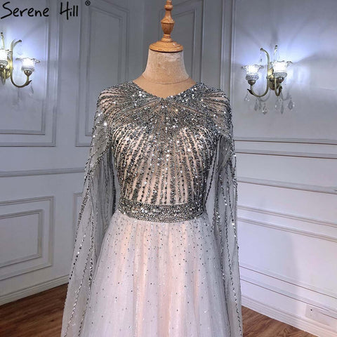 Luxury Gold Arabia Cape sleeves Beaded A-Line Evening Dresses Gowns 2025 For Woman Party LA71362