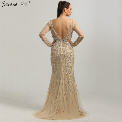 On Sale no return no refundSale Luxury Grey Long Sleeves Evening Dresses 2025 O-Neck Sequins Sparkle Mermaid Formal Dress LA6418