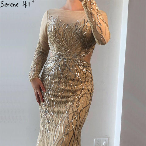 On Sale no return no refundSale Luxury Grey Long Sleeves Evening Dresses 2025 O-Neck Sequins Sparkle Mermaid Formal Dress LA6418