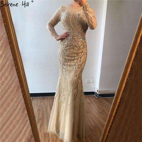 On Sale no return no refundSale Luxury Grey Long Sleeves Evening Dresses 2025 O-Neck Sequins Sparkle Mermaid Formal Dress LA6418