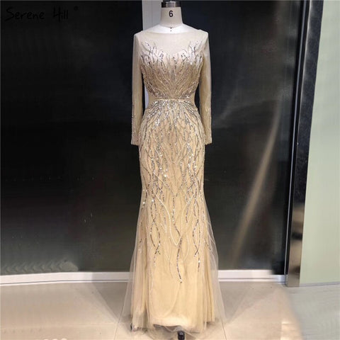 On Sale no return no refundSale Luxury Grey Long Sleeves Evening Dresses 2025 O-Neck Sequins Sparkle Mermaid Formal Dress LA6418
