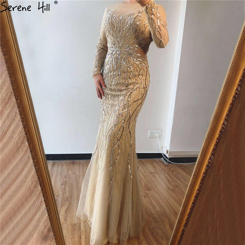 On Sale no return no refundSale Luxury Grey Long Sleeves Evening Dresses 2025 O-Neck Sequins Sparkle Mermaid Formal Dress LA6418