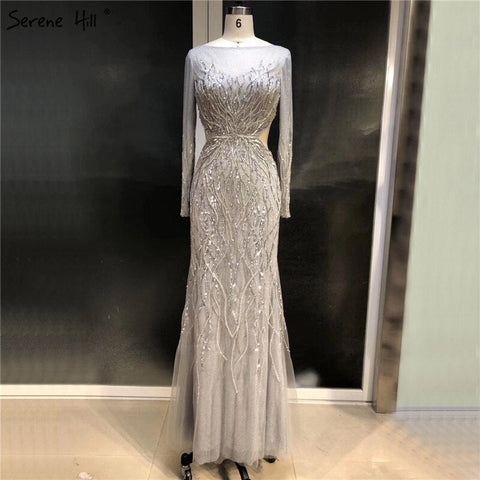 On Sale no return no refundSale Luxury Grey Long Sleeves Evening Dresses 2025 O-Neck Sequins Sparkle Mermaid Formal Dress LA6418