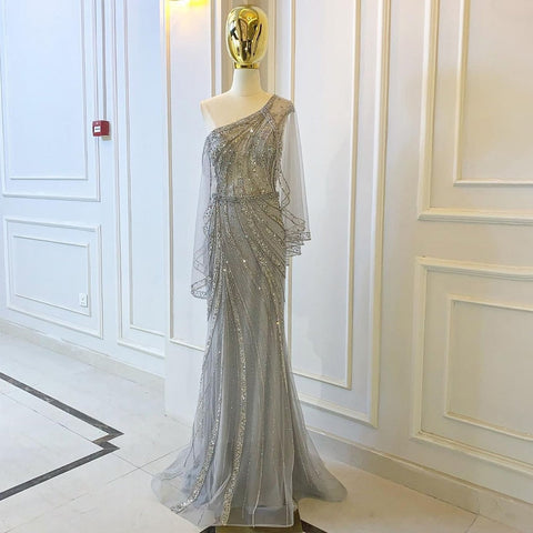Luxury Grey One Shouder Evening Dresses Gowns 2025 Mermaid Beaded Elegant For Women Party LA71518