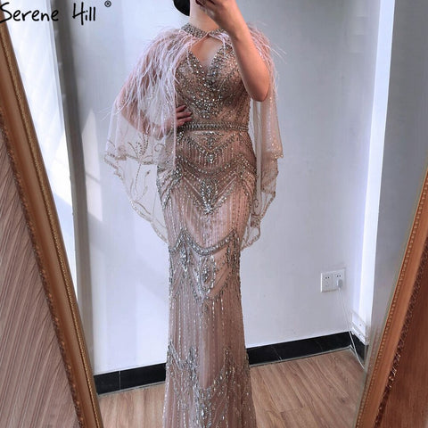 Luxury Nude V-Neck Mermaid Evening Dresses 2025 Sleeveless Shawl Yarn Feathers Sexy Formal Dress LA70171
