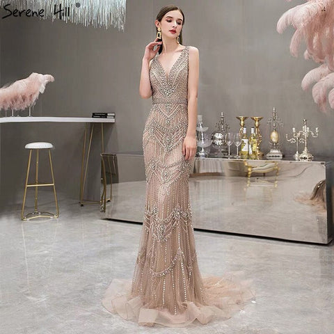 Luxury Nude V-Neck Mermaid Evening Dresses 2025 Sleeveless Shawl Yarn Feathers Sexy Formal Dress LA70171