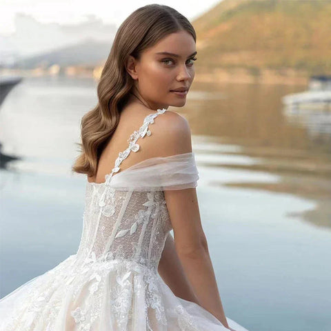 Luxury Off Shoulder Sleeveless Sexy Lace Mopping Beautiful Wedding Dresses Boho Backless Charming Simple Bridal Gowns New 2023
