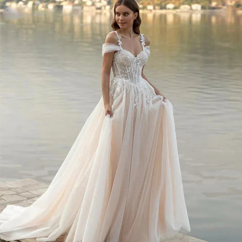 Luxury Off Shoulder Sleeveless Sexy Lace Mopping Beautiful Wedding Dresses Boho Backless Charming Simple Bridal Gowns New 2023