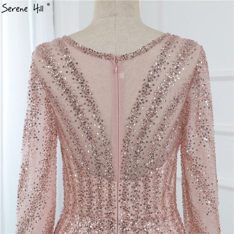 Luxury Pink O-Neck Mermaid Evening Dresses 2025 Dubai Long Sleeves Glitter Evening Gown LA70248