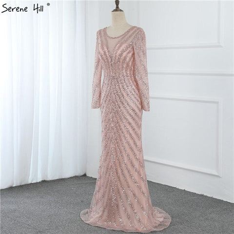 Luxury Pink O-Neck Mermaid Evening Dresses 2025 Dubai Long Sleeves Glitter Evening Gown LA70248