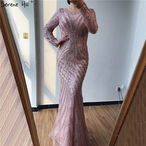 Luxury Pink O-Neck Mermaid Evening Dresses 2025 Dubai Long Sleeves Glitter Evening Gown LA70248