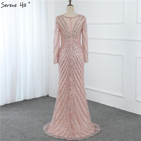 Luxury Pink O-Neck Mermaid Evening Dresses 2025 Dubai Long Sleeves Glitter Evening Gown LA70248