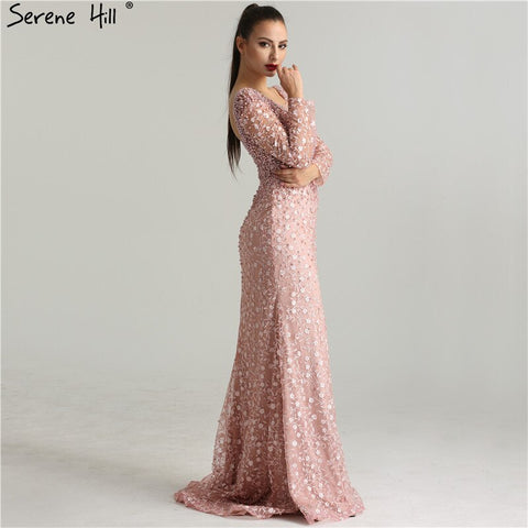 On Sale No Return No Refund Luxury Pink Pearls Lace Evening Dresses 2025 Mermaid Embroidery Long Sleeves Formal Evening Gowns LA6408
