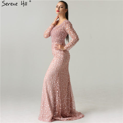 On Sale No Return No Refund Luxury Pink Pearls Lace Evening Dresses 2025 Mermaid Embroidery Long Sleeves Formal Evening Gowns LA6408