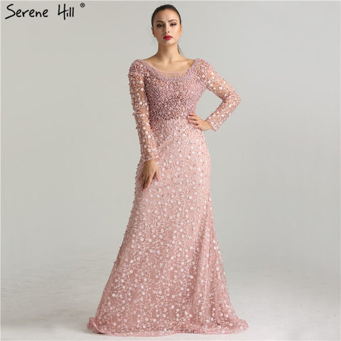 On Sale No Return No Refund Luxury Pink Pearls Lace Evening Dresses 2025 Mermaid Embroidery Long Sleeves Formal Evening Gowns LA6408