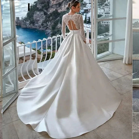 Robe de mariée de luxe pour femme 2024, moderne, col en V, manches longues, tulle illusion, coupe trapèze, dos nu boutonné 