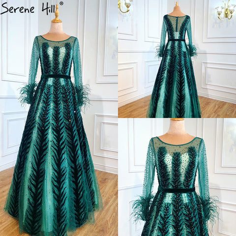 Luxury Wine Red  Dubai Design Evening Dresses Long Sleeves Feathers Crystal Formal Dress 2025 LA70013