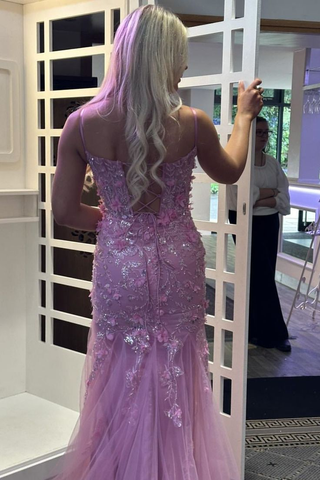 Robe de soirée sirène longue rose à fines bretelles, en tulle et dentelle, référence Y7851