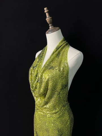 Magnifique robe de bal longue sirène à sequins, dos nu et col halter vert anthracite Y8647