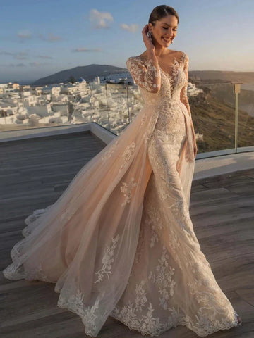 MACDUGAL Wedding Dress 2023 Luxury Sexy Lace Self-Cultivation Detachable Train Elegant Long Sleeves Button Vestido De Novia