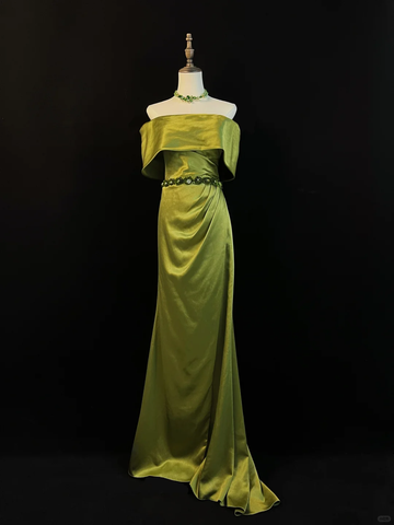Elegante vestido de fiesta de satén verde oliva con hombros descubiertos y abertura, estilo sirena, modelo Y8650