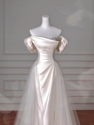 Robe de soirée sirène élégante en satin blanc à épaules dénudées et perles, robe de bal ou de mariée Y8617