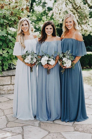 Cheap Long Chiffon Off the Shoulder Slate Mismatched Bridesmaid Dresses