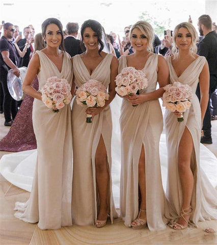 Simple Sheath Long Bridesmaid Dresses with Slit, Cheap Bridesmaid Dresses
