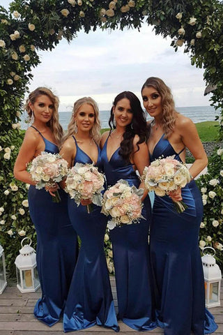 Cheap Custom Blue Mermaid V-neck Long Bridesmaid Dresses
