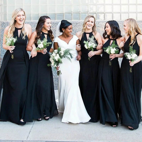Halter Custom Chiffon Long Black Bridesmaid Dresses