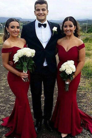 Cheap Dark Red Off The Shoulder Mermaid Bridesmaid Dresses Online