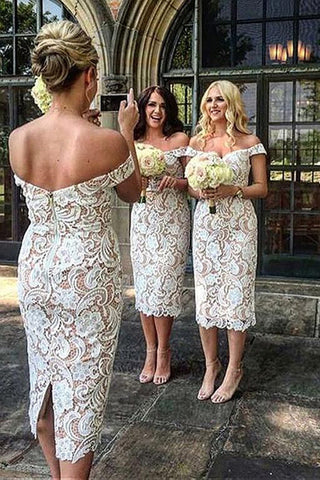 Sheath Off the Shoulder White Lace Long Bridesmaid Dresses,Elegant Bridesmaid Dresses