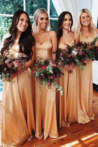 Elegant A-line Sweetheart Spaghetti Straps Gold Satin Long Bridesmaid Dresses