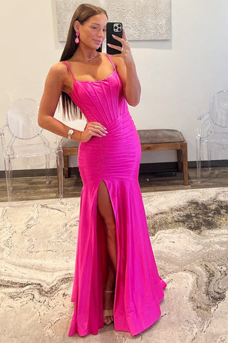 Mermaid Scoop Neck Satin Prom Dress with Slit