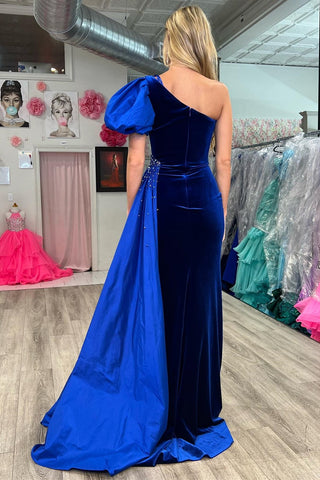Velvet One-Shoulder Long Formal Dress with Attached Train