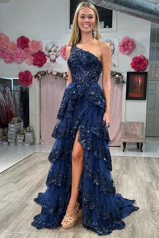 Sheath One Shoulder Tiered Lace Long Prom Dress