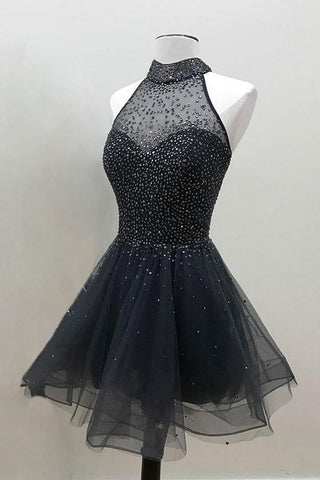 Vestidos de fiesta dulces de organza con cuello alto y cuentas negras de corte línea A