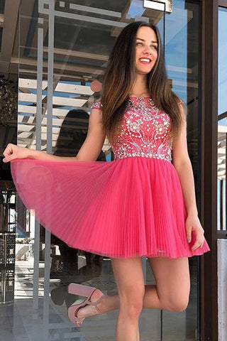 Vestidos cortos de fiesta de graduación baratos, de corte A, con pliegues, tirantes y cuentas.