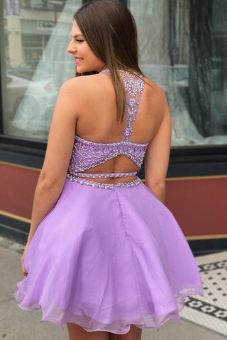 Vestidos de fiesta cortos y económicos con cuentas, color morado, corte en A, MH443