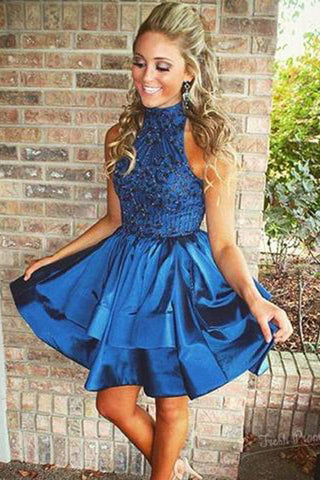 Chic High Neck Rhinstone Short Prom Dress Satin Homecoming Dress