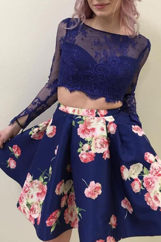 Vestidos de fiesta de dos piezas, corte en A, escote redondo, mangas largas, encaje floral y bolsillos.