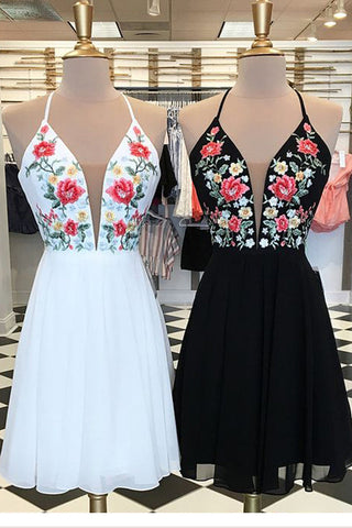 Simple A-Line V-Neck Criss Cross Back Chiffon Homecoming Dresses with Embroidery