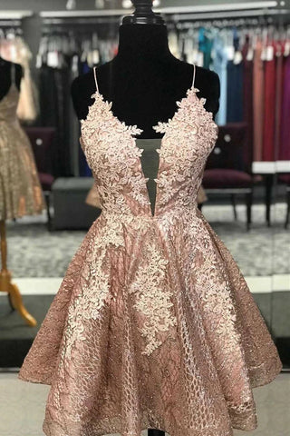 Vestido corto de fiesta de encaje corte A con espalda cruzada