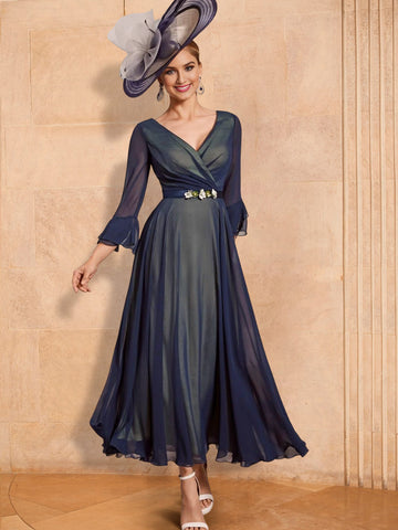 A-Line/Princess V-Neck Ankle-Length Mother of the Bride Dresses with Belt