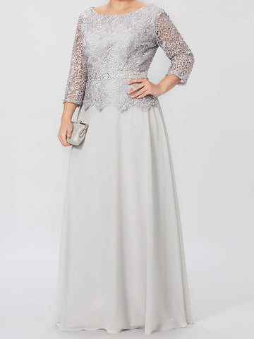 Vestidos de corte princesa/línea A, cuello redondo, mangas 3/4, largo hasta el suelo, para la madre de la novia, con apliques y lentejuelas. 